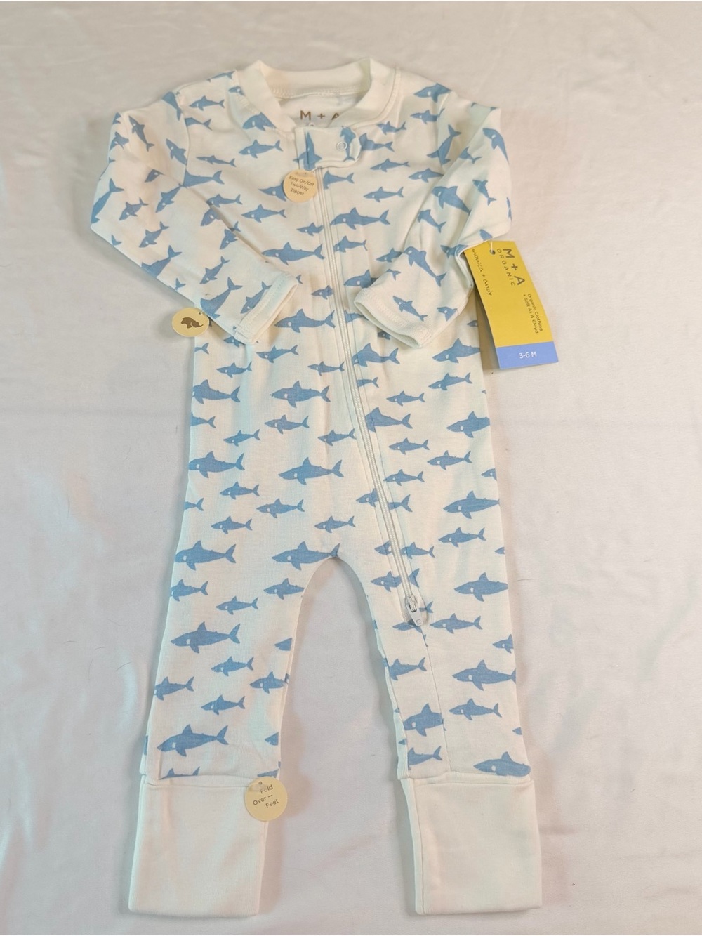 NWT Monica + Andy Baby Zip Footless Sleeper 3-6M Shark Print Organic Cotton Pjs